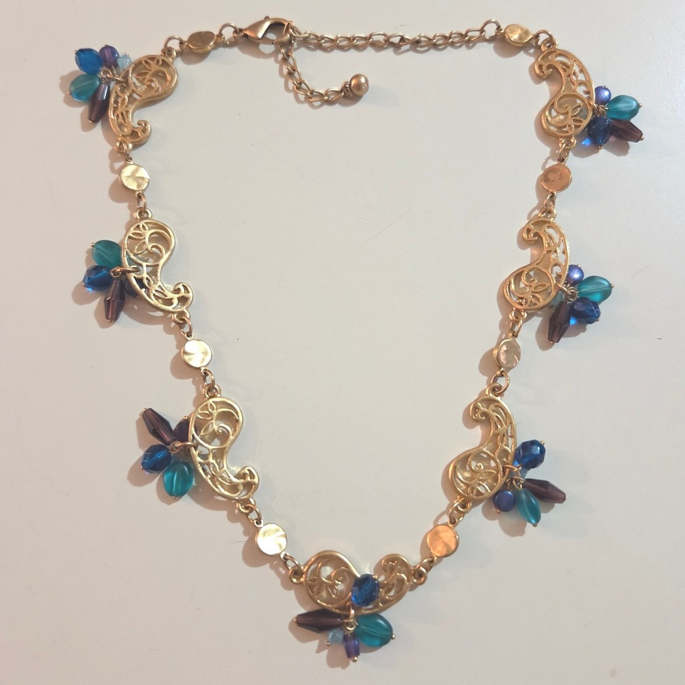 Vintage Unsigned Gold Tone Paisley Filigree Blue Teal Beaded Necklace Women's